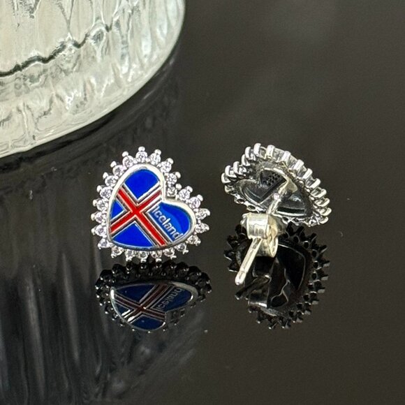 Iceland Flag Earrings Heart bling S925 Sterling Silver Handmade Ear Stud - Picture 4 of 4